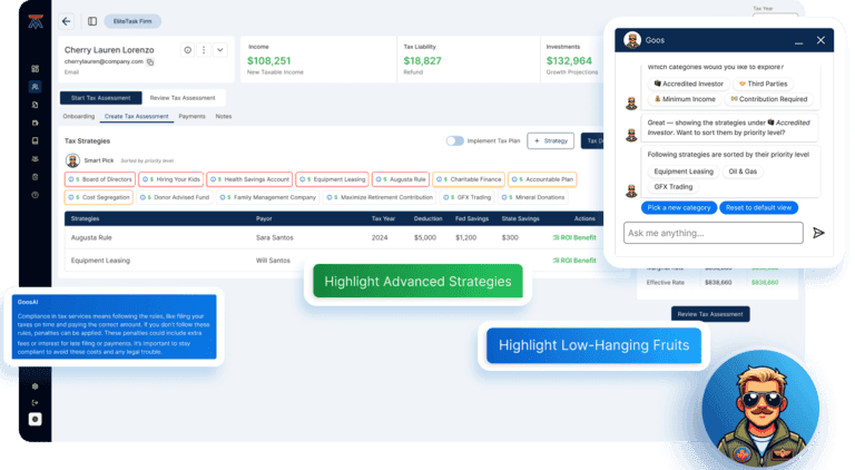 Tax Maverick Dashboard showing AI-powered tax analysis and Goos AI assistant